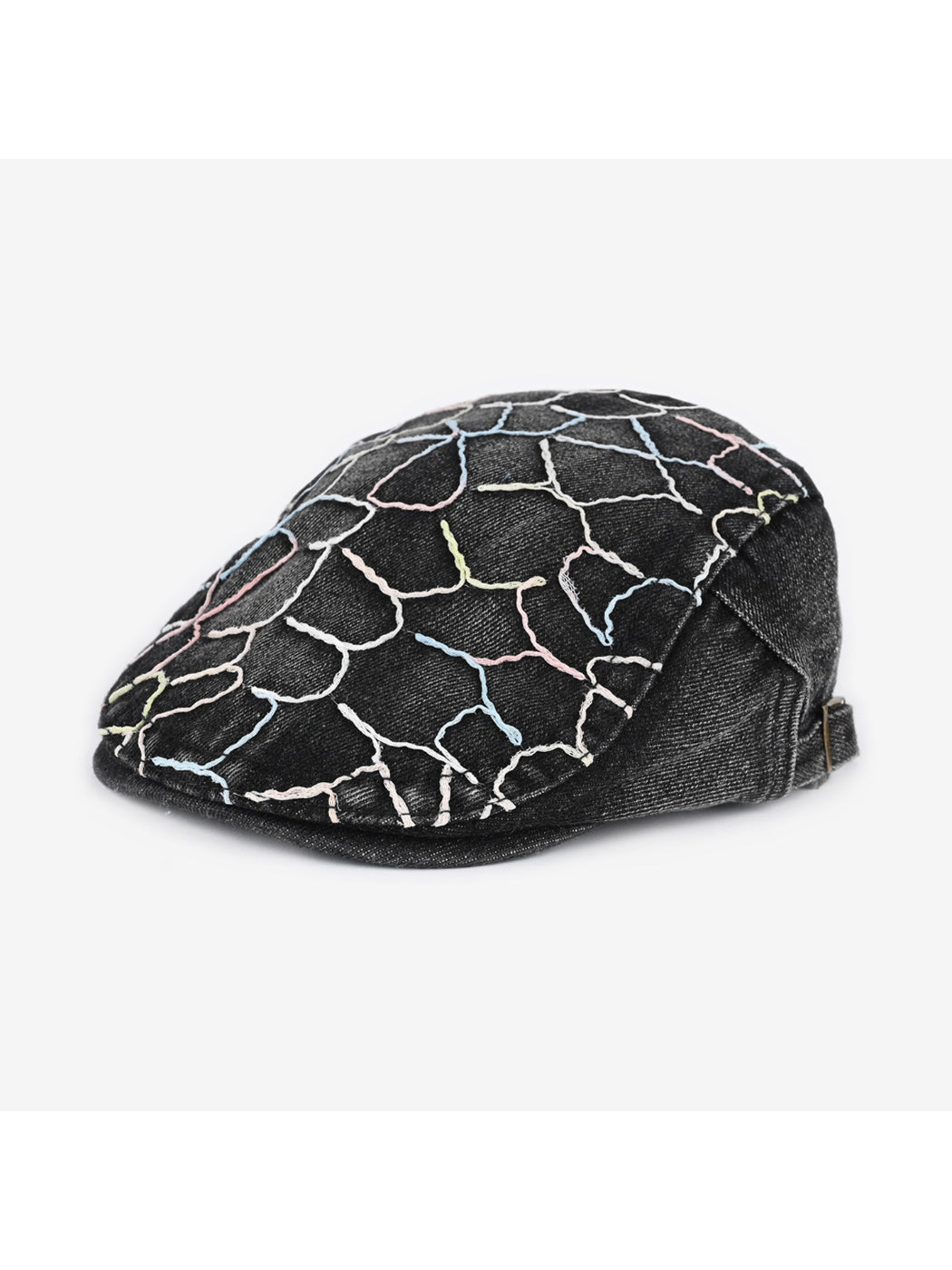 Haila washed denim vintage retro newsboy cap displayed flat with visible stitching