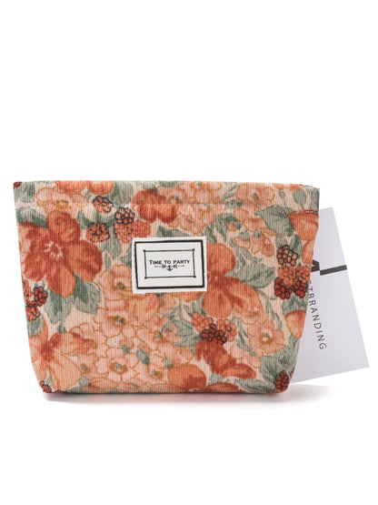 Cosbai - Corduroy Travel Cosmetic Pouch with Floral Patterns