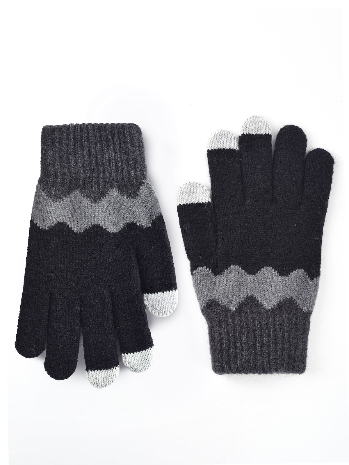 Side view of knitting patchwork touchscreen gloves on a hand