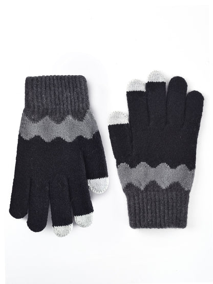Side view of knitting patchwork touchscreen gloves on a hand