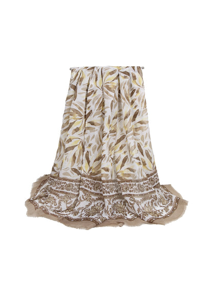 Scarvii - Layered Leaf Print Wrap Style Long Scarf
