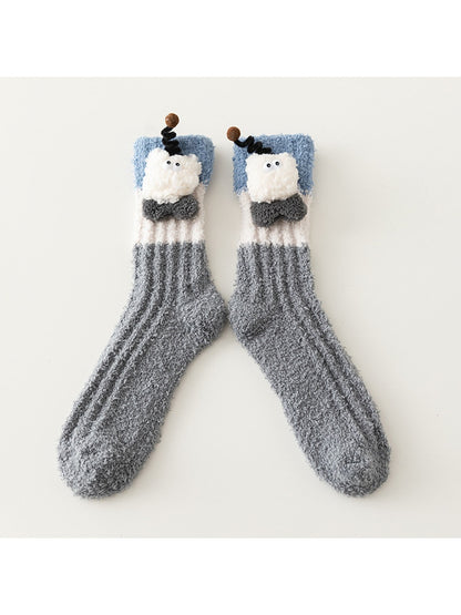 Rufia - Winter Coral Fleece Mid-Calf Socks with 3D Cartoon Accent
