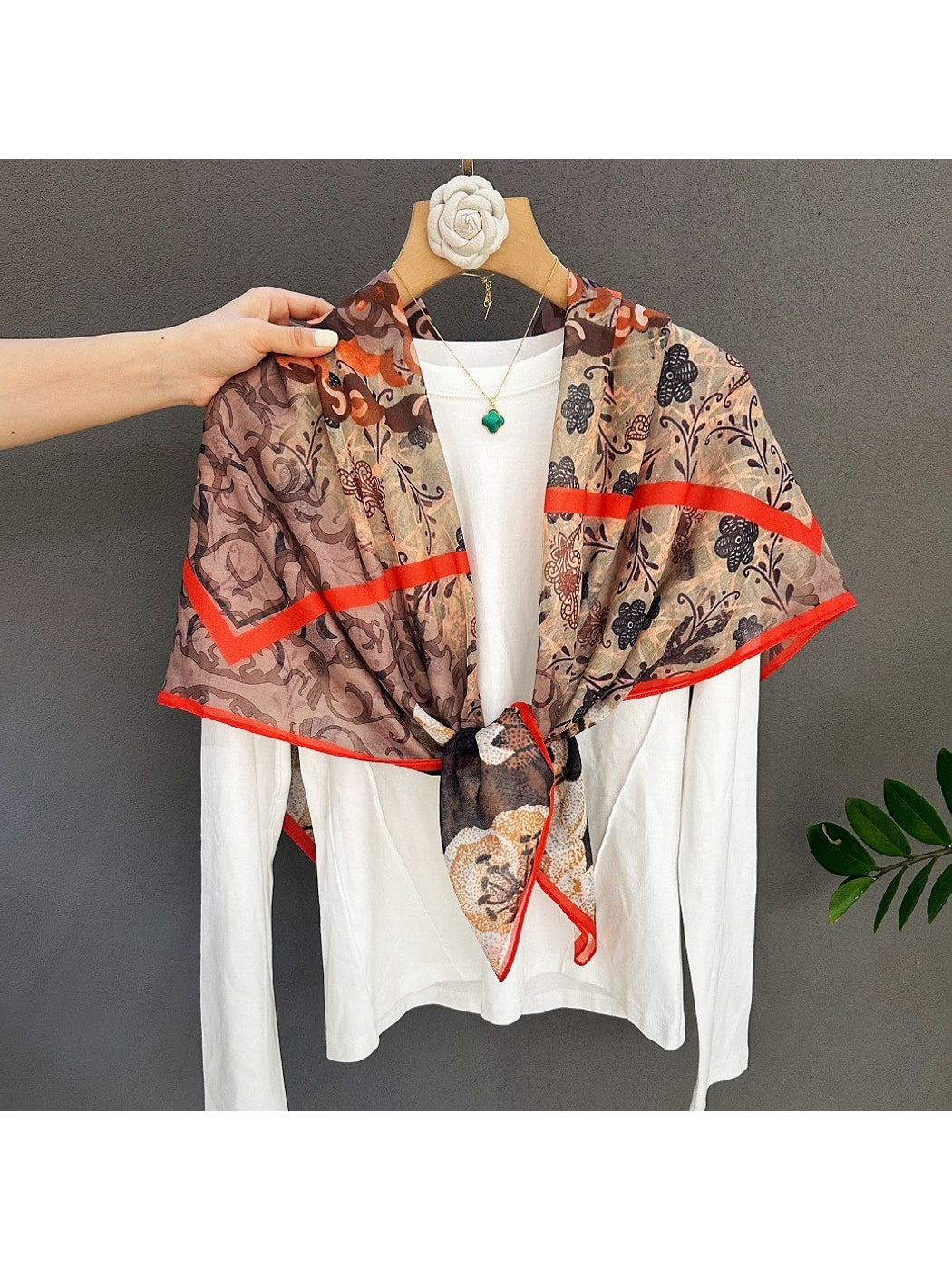Scarvii - Brown Tone Floral Print Square Scarf