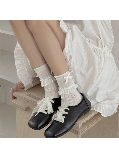 Rufia - Ballet Style Lace Ribbon Bow Detail Crew Socks