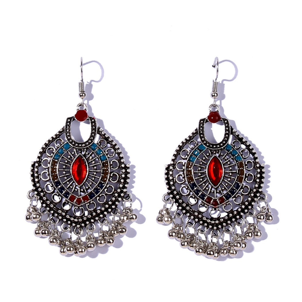 Earwish - Boho Chic Metal Fringe Earrings with Red Beads