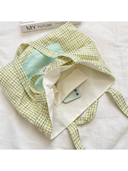 Cosbai - Patchwork Plaid Tote Bag & Shoulder Bag
