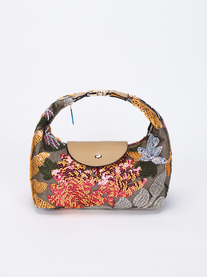 Back view of Cosbai embroidered sequin shoulder bag with black fabric