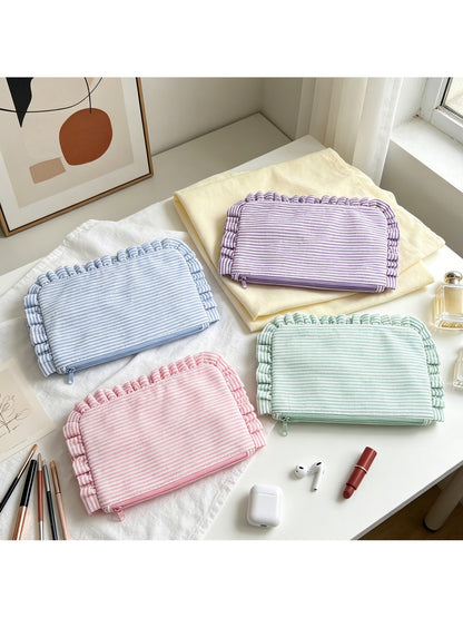 Cosbai - Pastel-toned Striped Ruffle Trim Zip Pouch