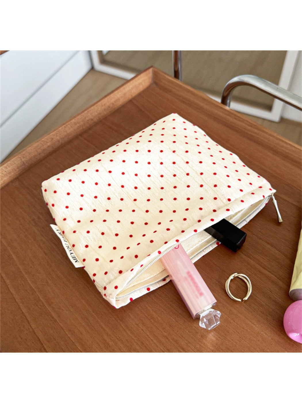 Cosbai Red Dot Cosmetic Bag displayed standing upright with red dot print
