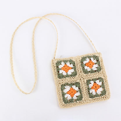 Cosbai - Boho Woven Flower Crossbody Bag With Zipper