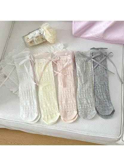 Rufia - Sweet Bow Lace Trim Solid Color Crew Socks