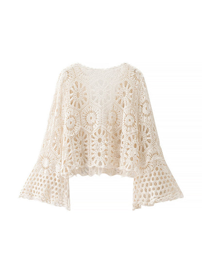 Crosa - Tie Front V Neck Knit Openwork Cardigan