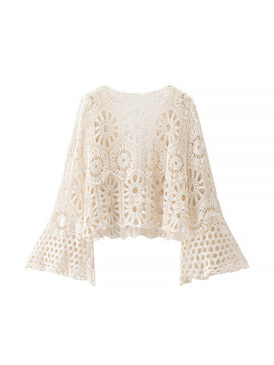 Crosa - Tie Front V Neck Knit Openwork Cardigan