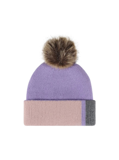 Haila - Colorblock Plush Lined Pom Knit Beanie