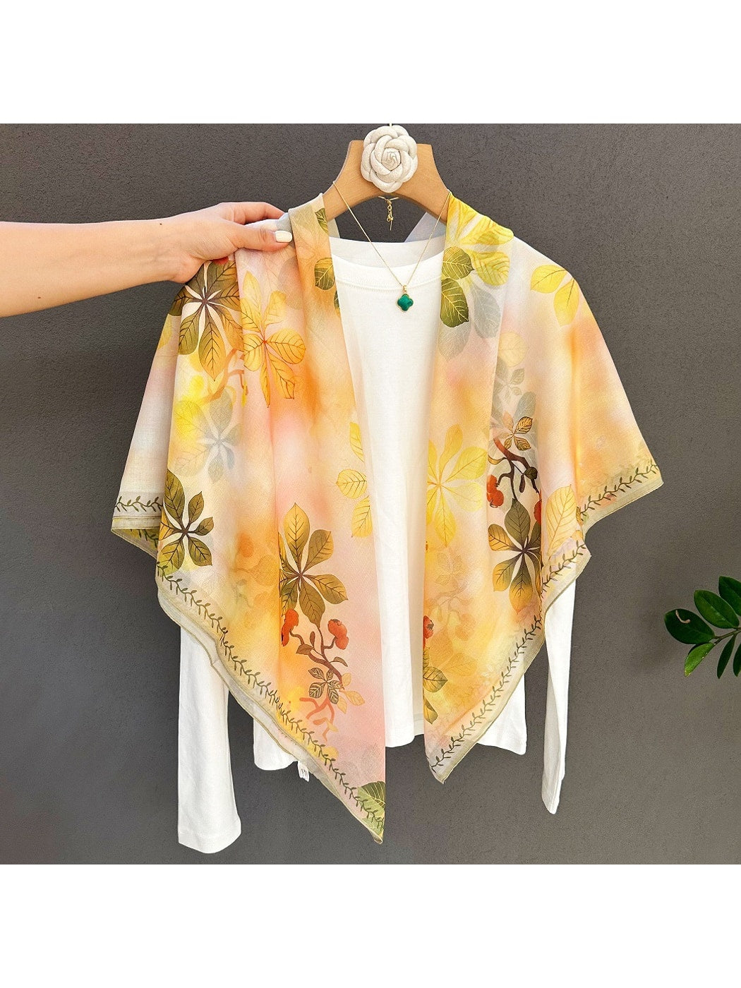 Scarvii - Gradient Yellow Botanical Print Square Scarf