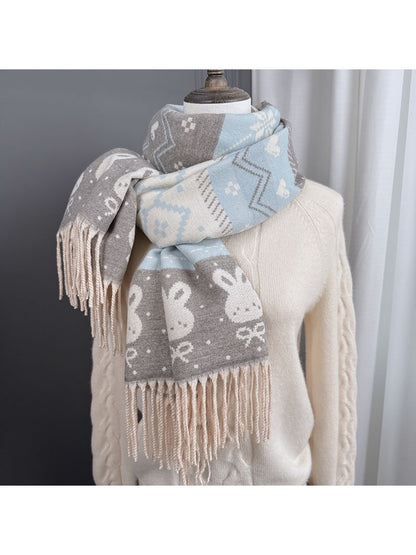 Scarvii - Cozy Bunny Motif Fringe Scarf