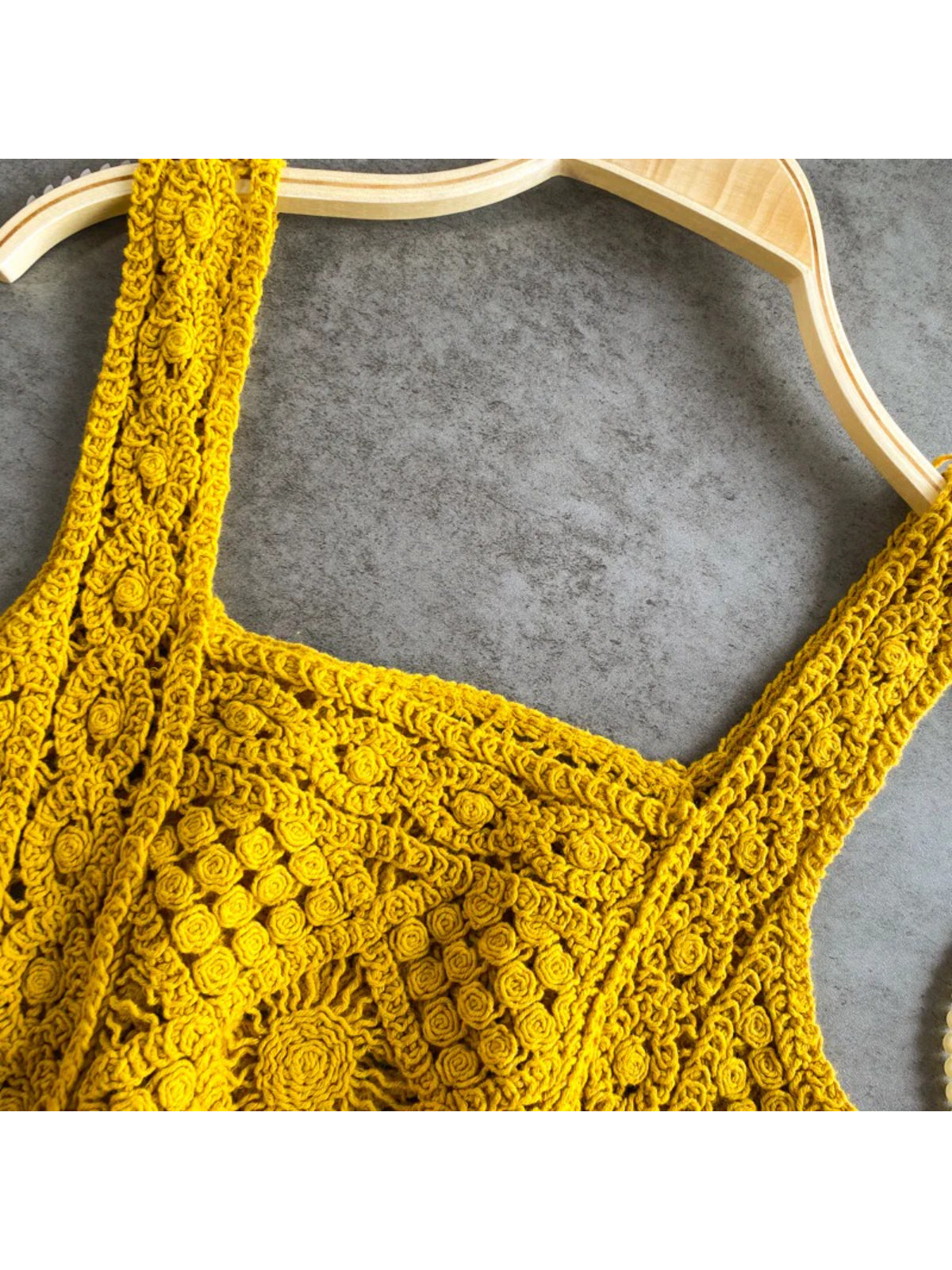 Close-up of strap and neckline on Crosa vintage crochet camisole tank top
