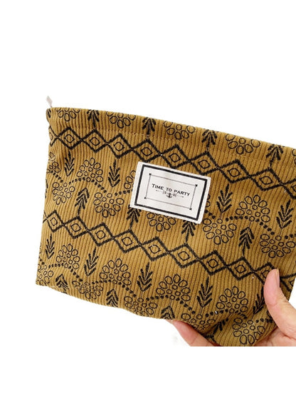 Cosbai - Fabric Geometric & Floral Print Pouch Bag with Zipper