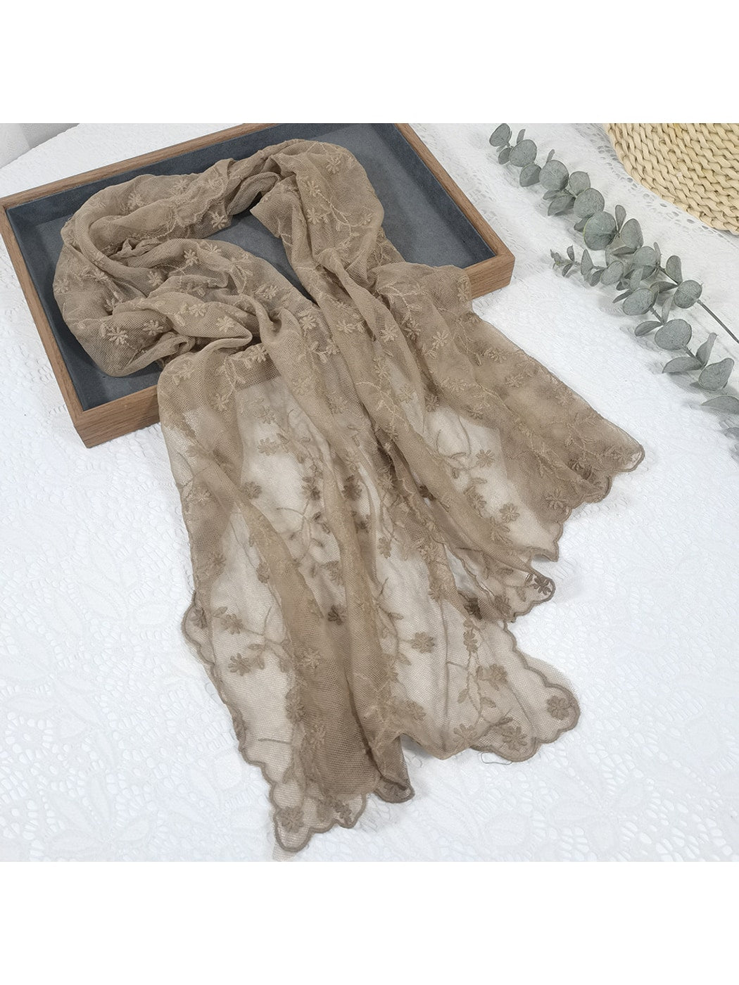 Scarvii - Floral Embroidered Mesh Head and Neck Scarf