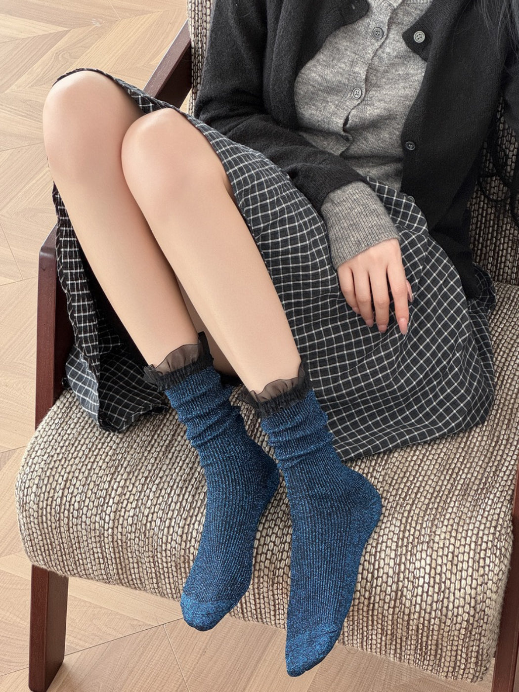 Rufia blue ruffled crew socks styled with skirt