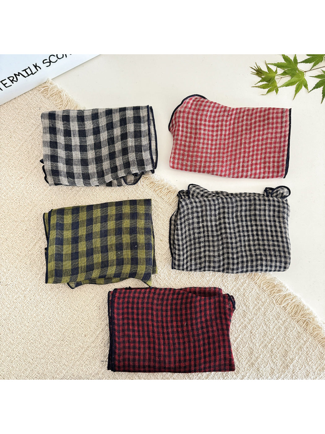 Close-up of classic check tie head scarf fabric texture and pattern