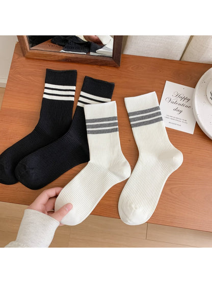 Rufia - Black White Stripe Ribbed Crew Socks product image 1