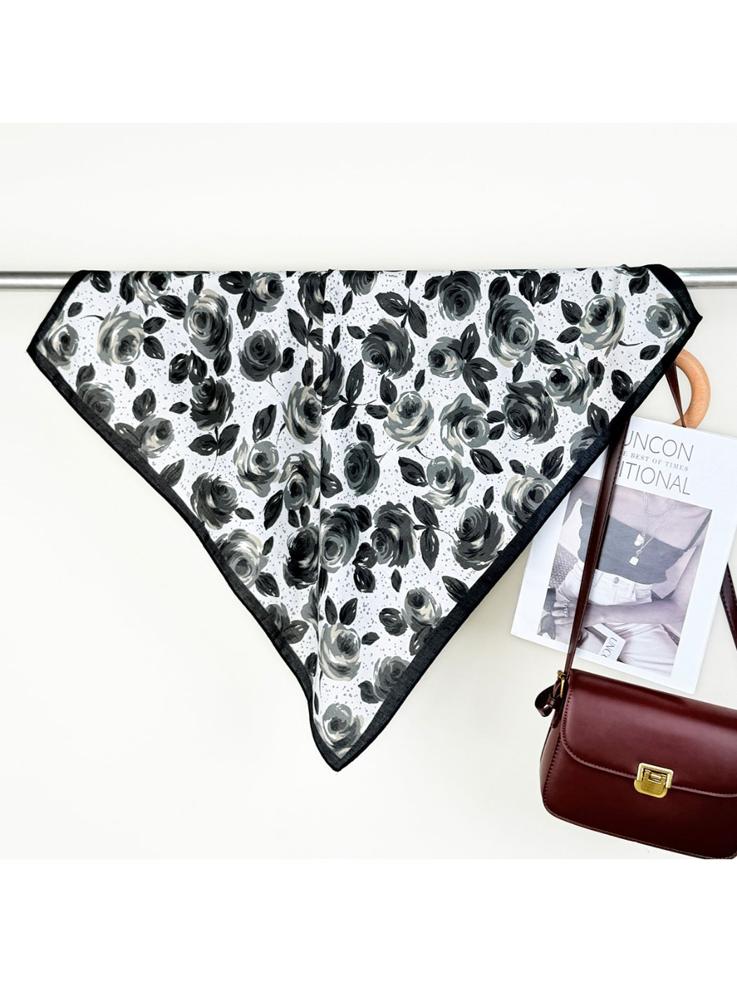 Scarvii square scarf with rose design laid flat showing full pattern