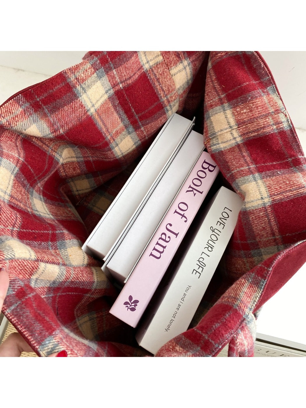 Cosbai – Dual-Side Tote Bag with Plaid Pattern