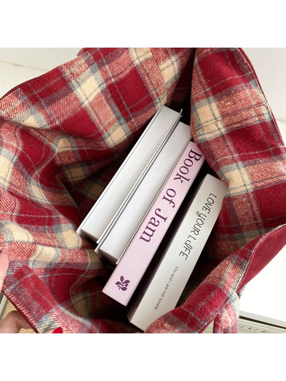 Cosbai – Dual-Side Tote Bag with Plaid Pattern