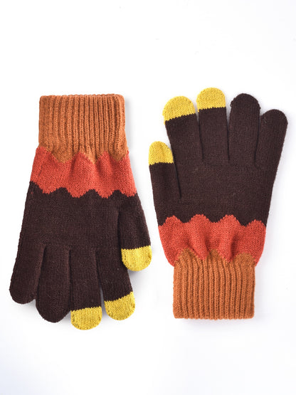 Gloves laid out to show touchscreen fingertips and patchwork pattern