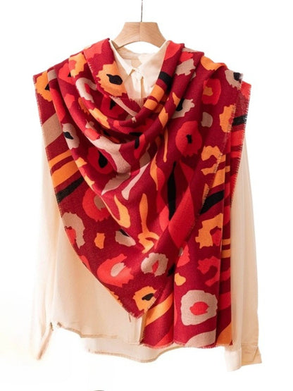 Scarvii - Red & Orange Floral Print Scarf Shawl