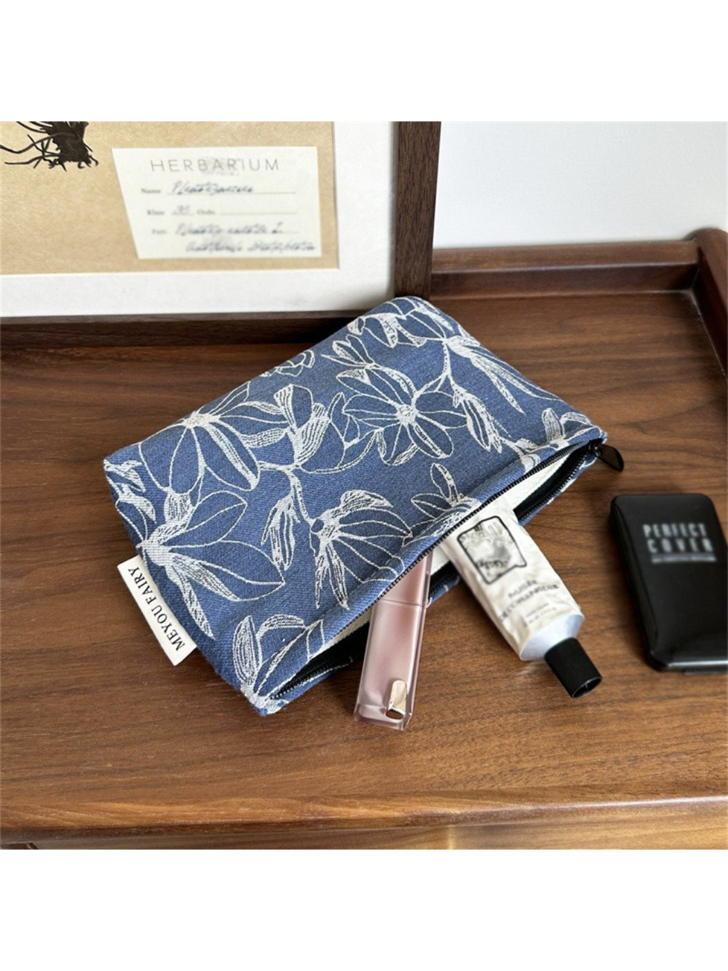 Interior view of Cosbai floral cosmetic bag with spacious