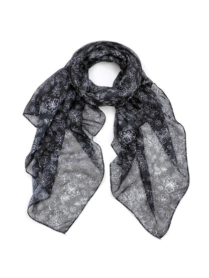 Scarvii - Black White Floral Print Scarf
