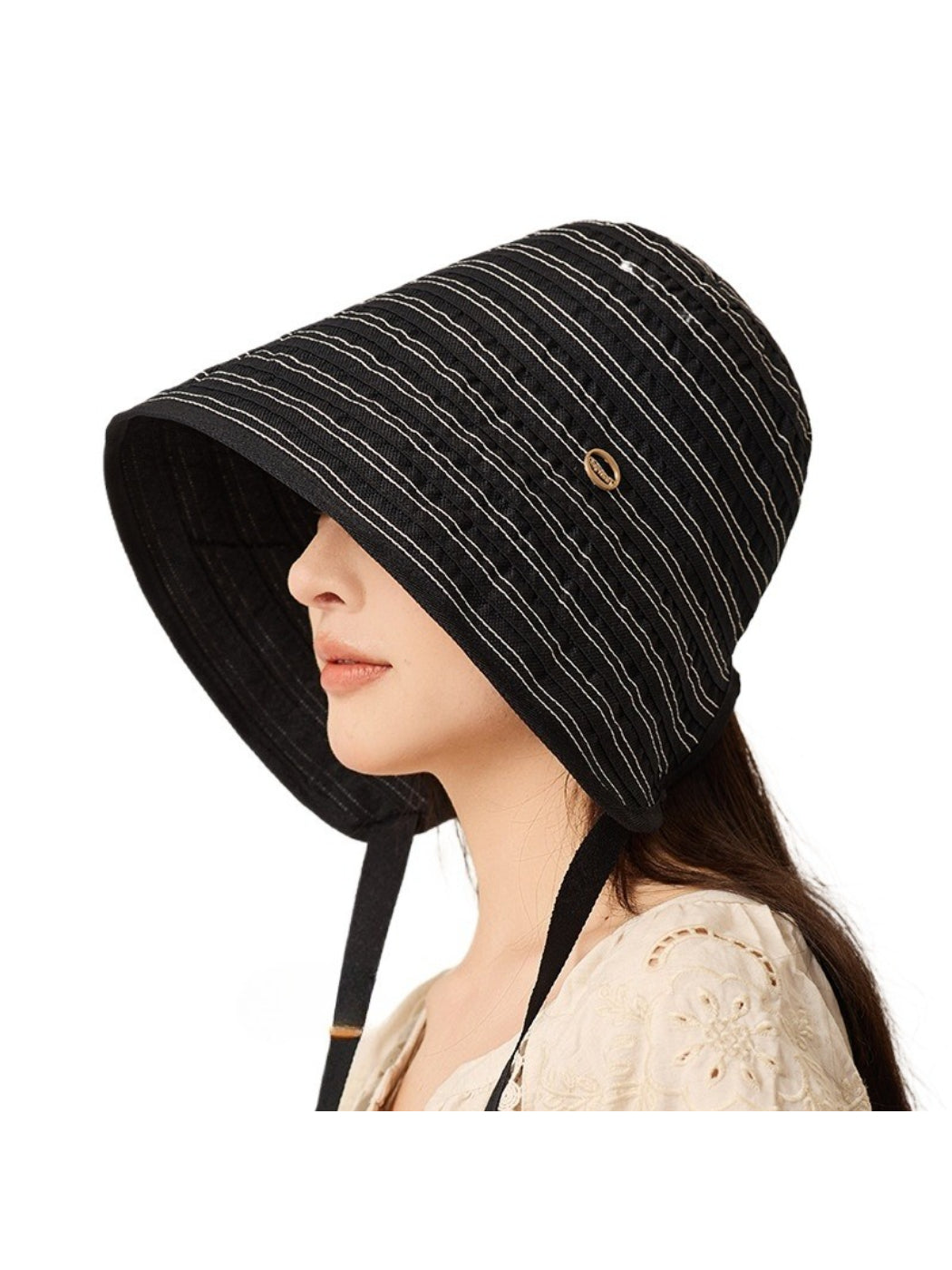 Haila Classic Stripe Shade Hat worn by model outdoors with natural background