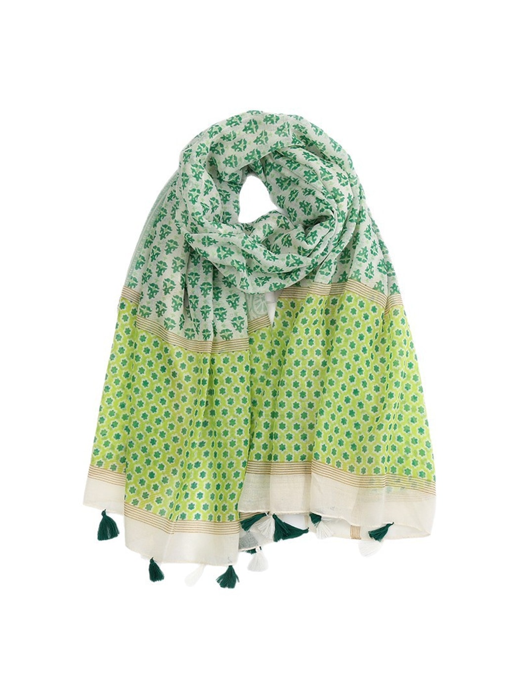 Scarvii - Green Floral Print Fringe Scarf