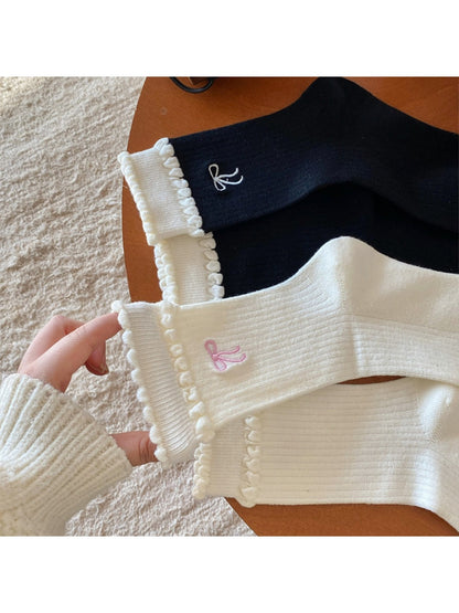 Rufia - Winter Mid-Calf Socks with Bow & Heart Print