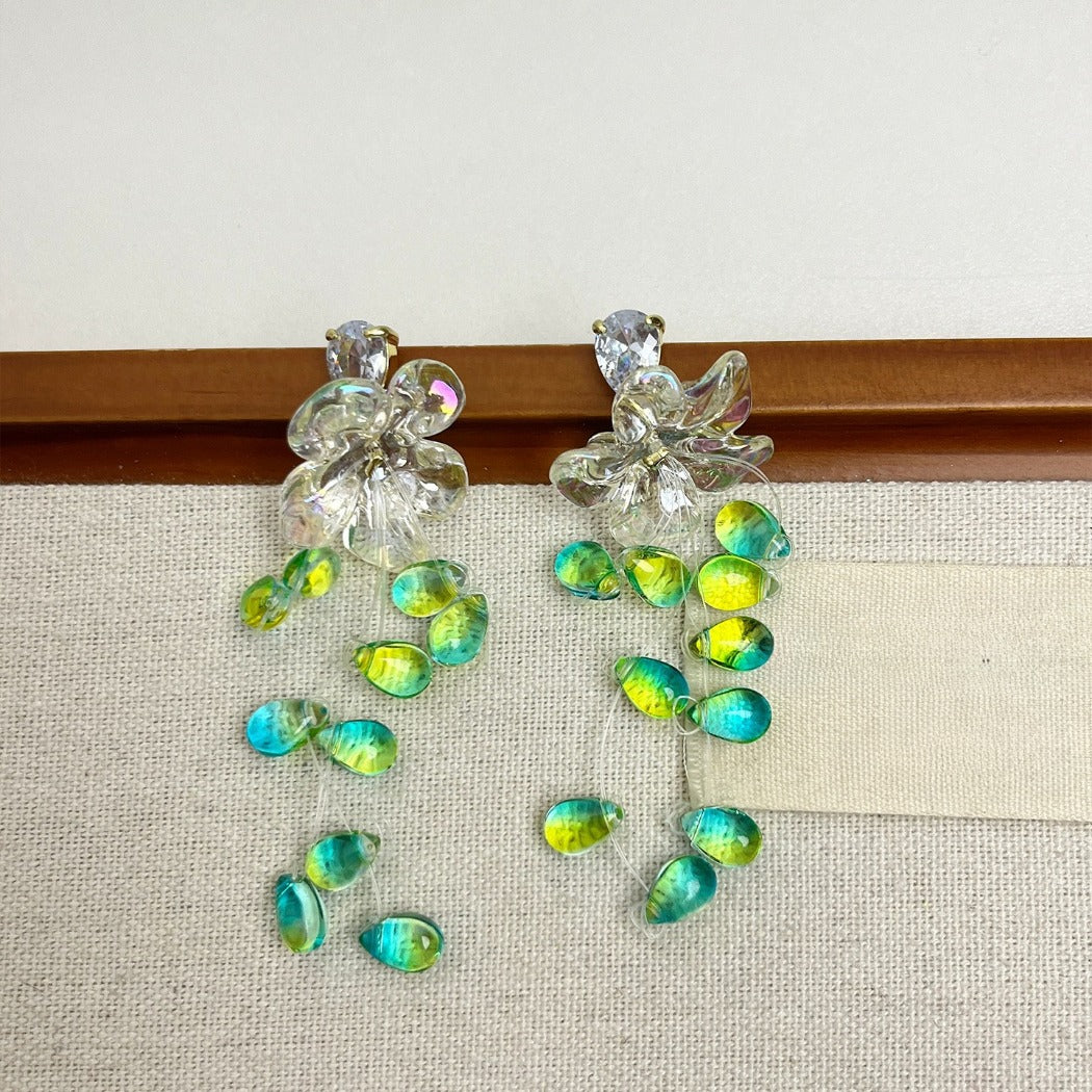 Earwish - Dreamy White Floral & Green Beads Fringe Earrings