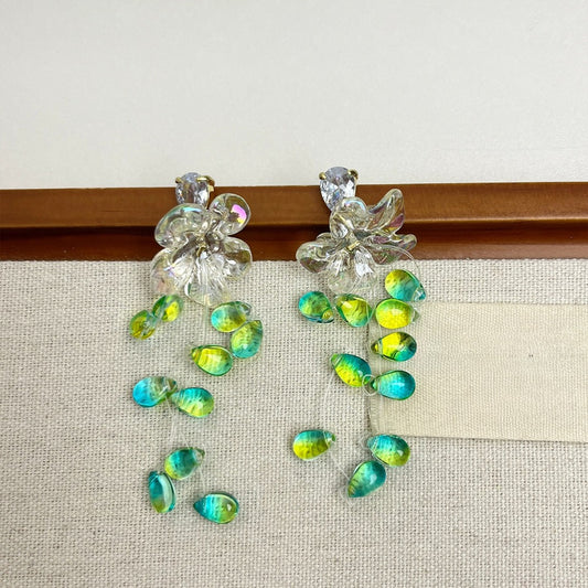 Earwish - Dreamy White Floral & Green Beads Fringe Earrings