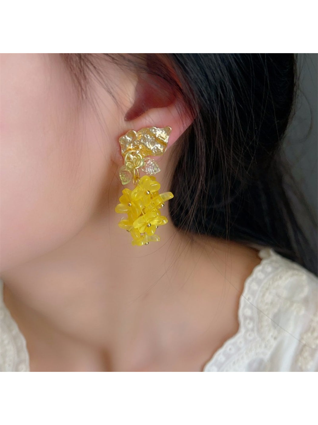 Close-up of Earwish Floral Charm Layered Dangle Earrings showing detailed flower charms