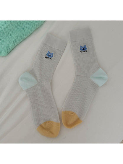 Rufia soft cat knit crew socks folded showing ribbed cuff detail