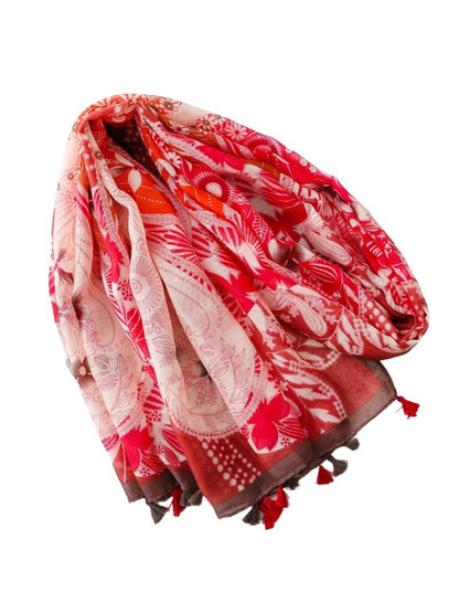 Close-up of Scarvii scarf floral border design with warm tones and intricate stitching