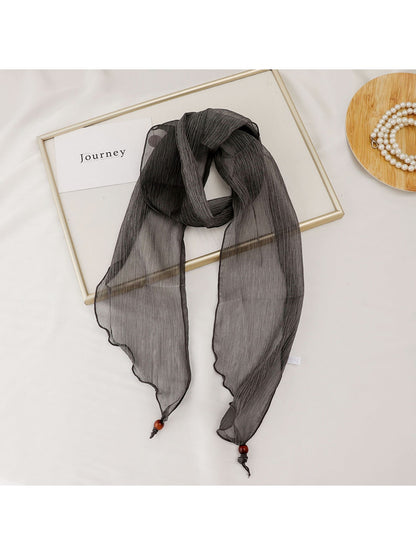 Scarvii - Solid Color Pleated Narrow Long Scarf