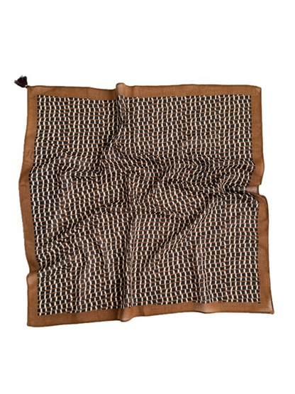 Scarvii - Geometric Grid Brown-Border Tassel Scarf