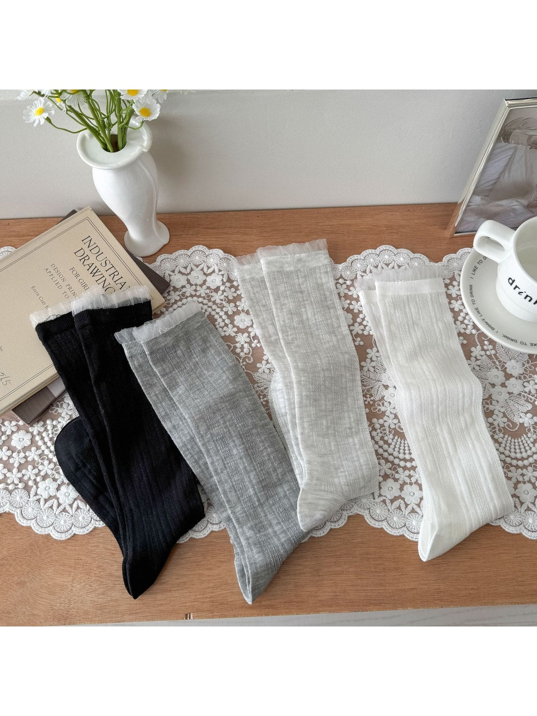 Rufia - Sheer Ribbed Crew Socks with Ruffled Cuff