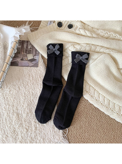 Rufia - Colorblock Bow Accent Ribbed Solid Color Crew Socks