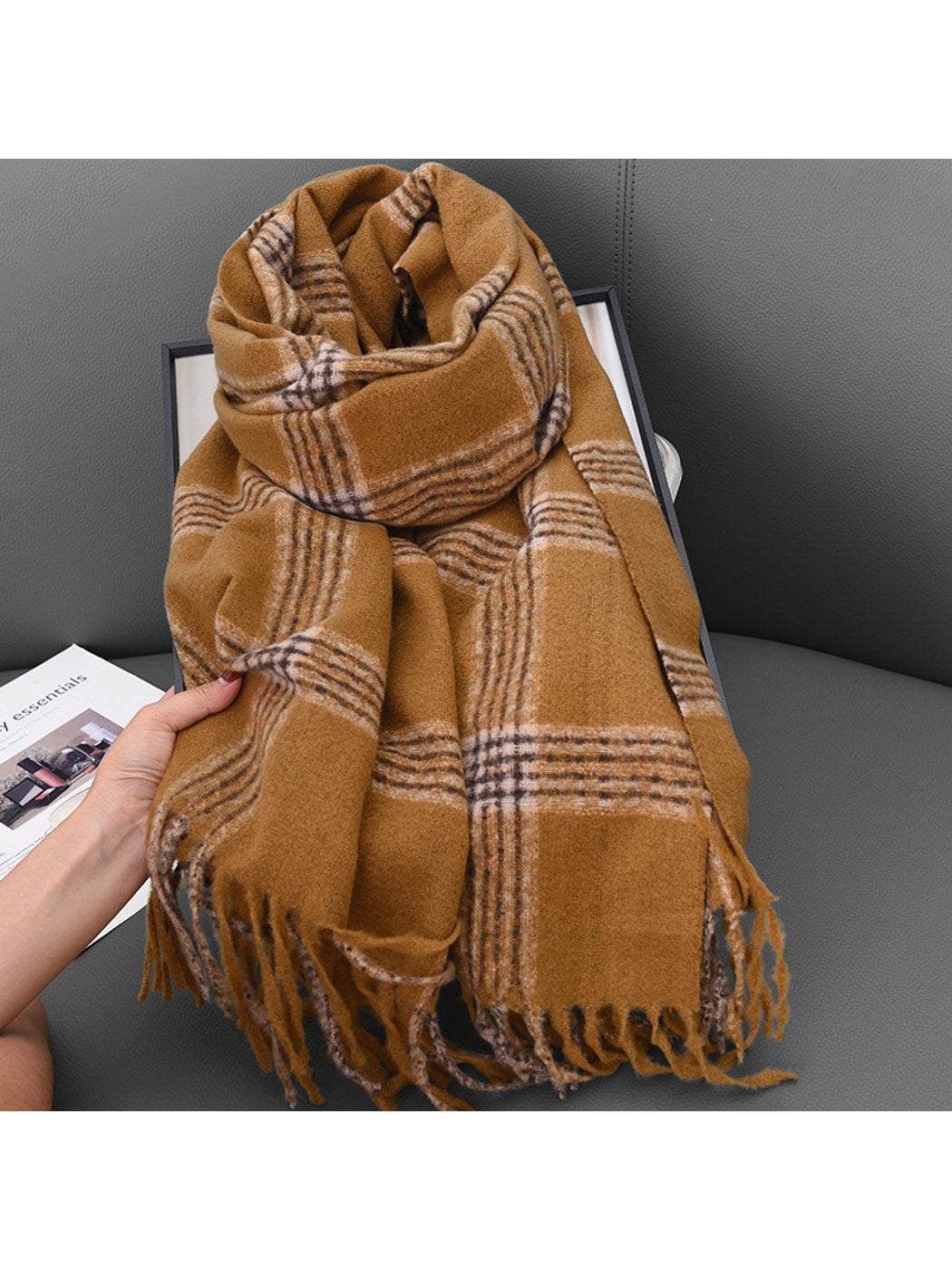 Scarvii - Double-Sided Bold Grid Plaid Fringed Scarf