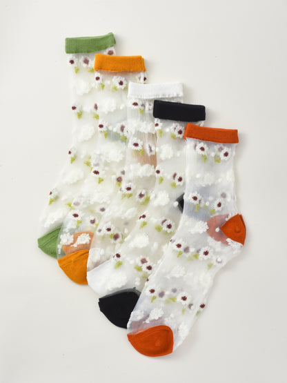 Rufia - Soft Floral Mesh Sheer Crew Socks