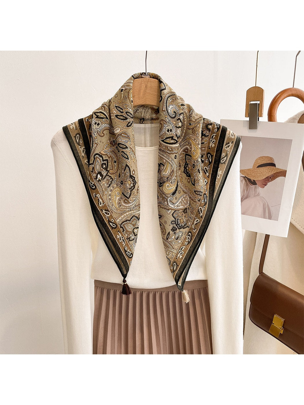 Scarvii - Vintage Khaki Paisley Print Square Scarf
