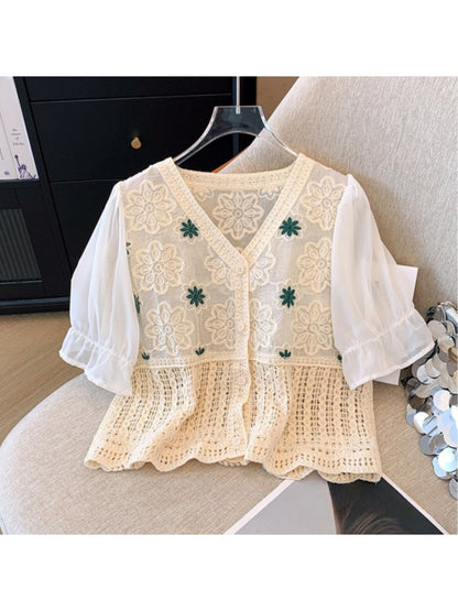Crosa - V-Neck Hollow Out Floral Knit Cardigan