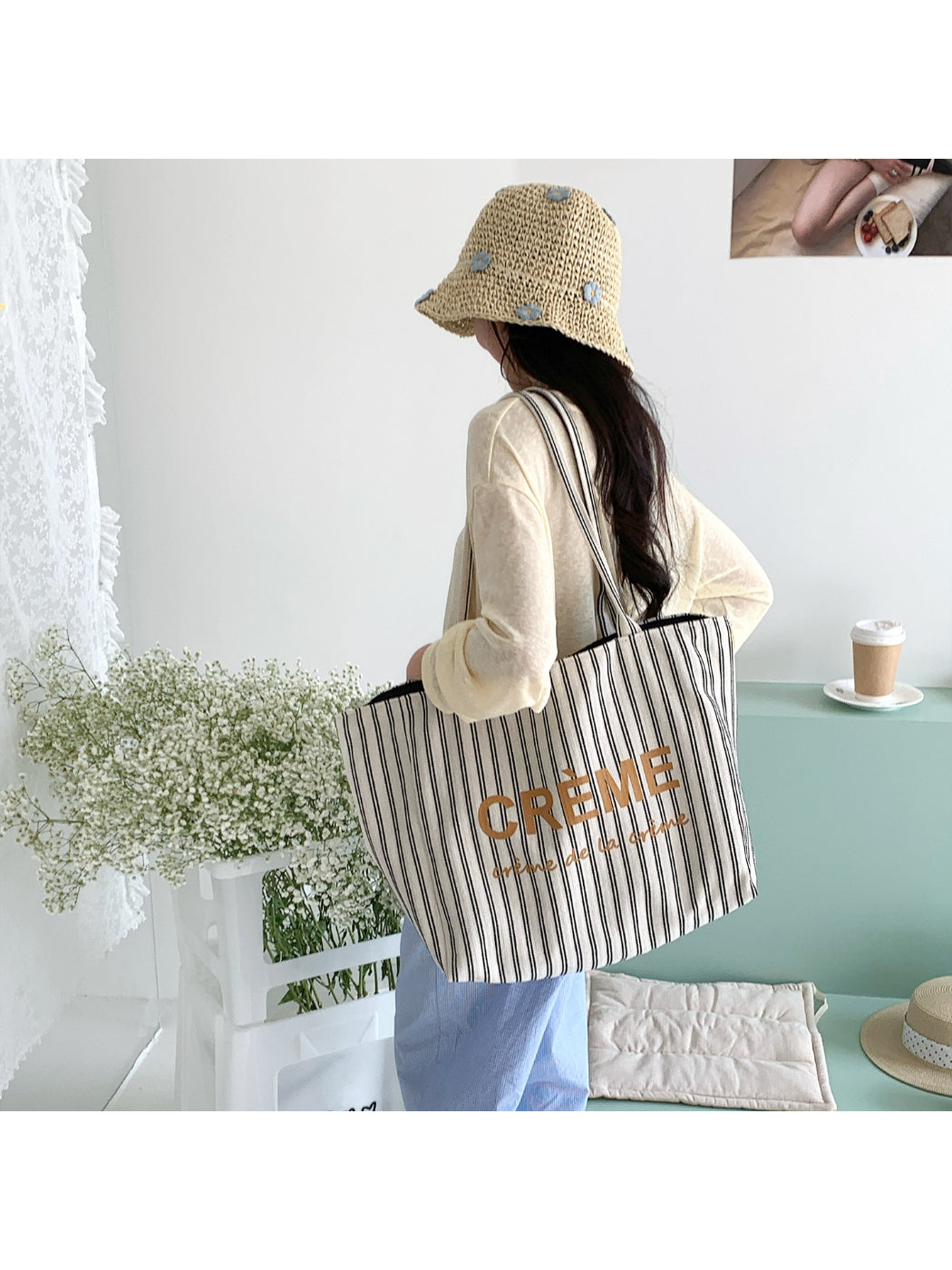 Cosbai tote bag displayed flat to show full striped pattern and reversible feature